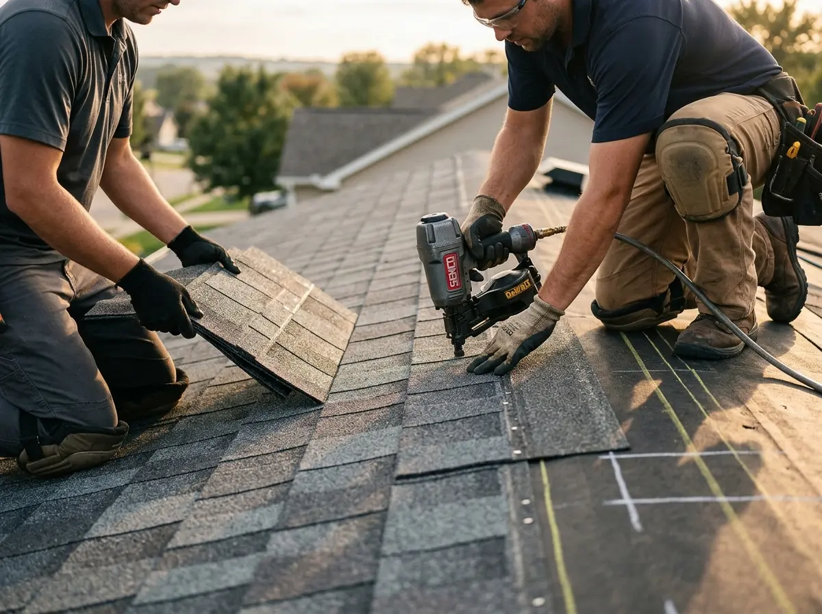 Professional roofer working on a residential roof in Dayton